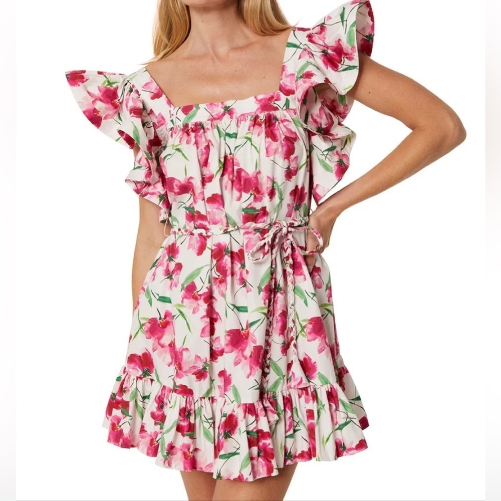 Misa Los Angeles Pink & White Floral Ruffled Mini Dress